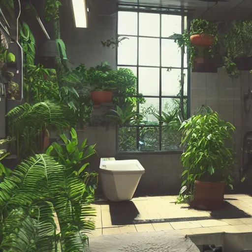 Prompt: a bathroom with a lot of plants inside of it, cyberpunk art by Gregory Crewdson, unsplash, ecological art, reimagined by industrial light and magic, rendered in unreal engine, diorama