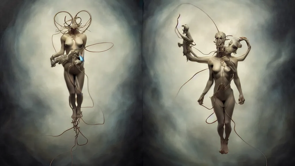 Image similar to people tethered and sewn to each other, in the style of peter mohrbacher by weta digital and beth cavener, high face symmetry, intricate, masterpiece, award winning, high face symmetry, intricate