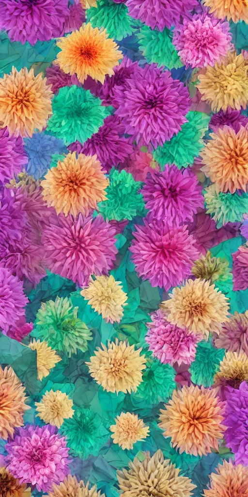 Image similar to chains of Dahlia flowers, various gradient colors, paper crumpled texture