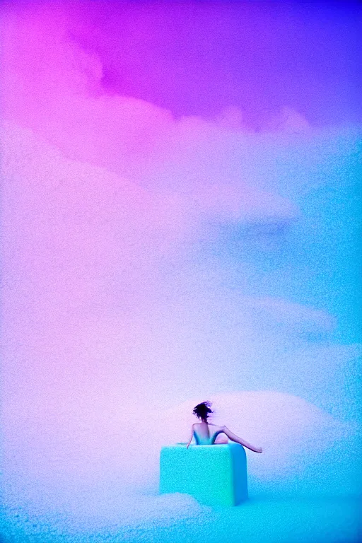 Image similar to high quality pastel coloured film close up wide angle photograph of a model wearing clothing swimming on cloud furniture in a icelandic black rock!! environment in a partially haze filled dreamstate world. three point light, rainbow. photographic production. art directed. pastel colours. volumetric clouds. pastel gradient overlay. waves glitch artefacts. extreme facial clarity. 8 k. filmic.