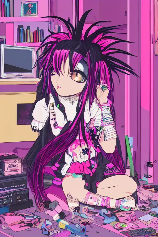 Prompt: goth chibi anime girl with pink dreads sitting on the floor of a cluttered 9 0 s bedroom, vaporwave colors, lo - fi, concept art, smooth, detailed, 4 k, hd,