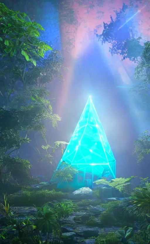 Image similar to a glowing blue crystal tetrahedron!!! in the middle of ancient ruins in a lush prehistoric jungle, inside a humongous cave, red and magenta flowers, sunset, godrays, orange and blue sky, haze, volumetric lighting, digital render, photorealistic, unreal engine 5, ultra detail, trending on artstation