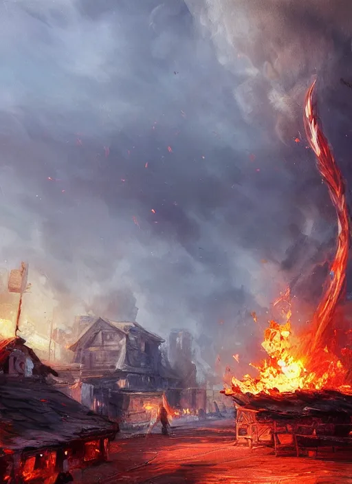 Prompt: cinematic shot, concept art of a fire tornado in a village, oil painting by jama jurabaev, extremely detailed, brush hard, artstation, for aaa game, high quality, brush stroke