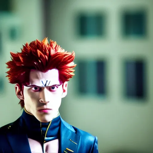 Image similar to a photograph of kakyoin from a live action version of jojo's bizarre adventure, filmic, cinematographic