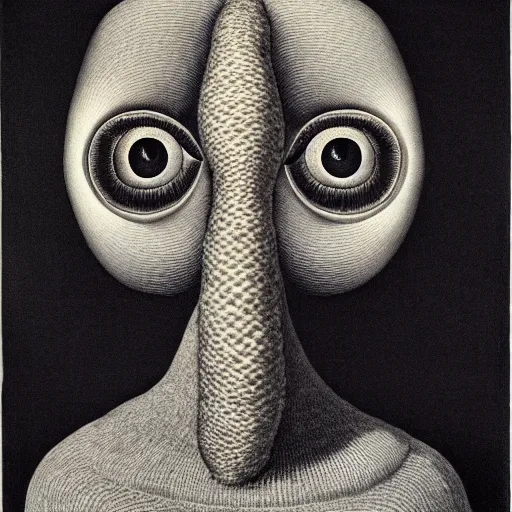 Image similar to portrait photo of a wool sock with giant eyes, face made from bright dreams, extremely high details, realistic, by MC Escher and Rene Margitte and Giuseppe Arcimboldo
