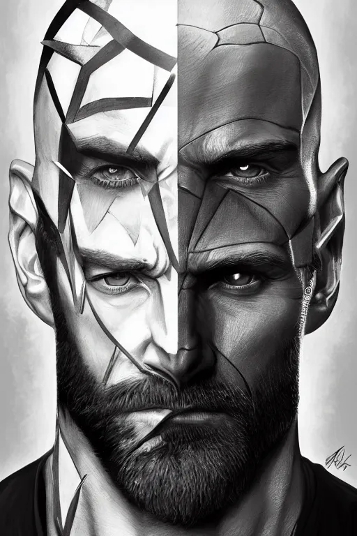 Image similar to symmetry!! portrait of hugh jackman in the boys in the style of god of war, machine parts embedded into face, intricate, elegant, highly detailed, digital painting, artstation, concept art, smooth, sharp focus, illustration, art by artgerm and greg rutkowski and alphonse mucha, 8 k