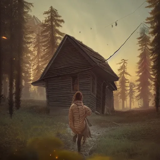 Image similar to woman leaving her wooden broken house by simon stålenhag, very highly detailed, award winning, rendered by Beeple, by Makoto Shinkai, syd meade, starwars, space art concept, digital art, unreal engine, blender, WLOP, trending on artstation, 4K UHD image, octane render