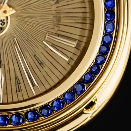 Image similar to close up photo of a sapphire and gold pocket watch, high detail, complex