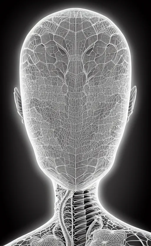 Image similar to a contrasted black and white 3D render of a beautiful female vegetal-dragon-cyborg, 150 mm, orchid stems, ivy, fine lace, Mandelbrot fractal, anatomical, flesh, facial muscles, microchip, veins, arteries, full frame, microscopic, elegant, highly detailed, flesh ornate, elegant, high fashion, rim light, octane render in the style of H.R. Giger and Man Ray