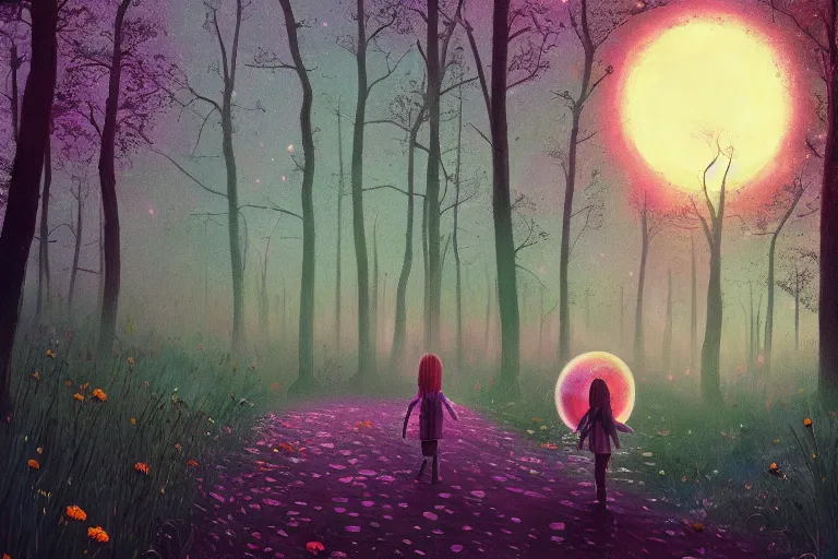 Image similar to giant bunch of daisy flowers head, girl walking in dark forest, surreal photography, dark night, stars, moon light, impressionist painting, clouds, digital painting, artstation, simon stalenhag