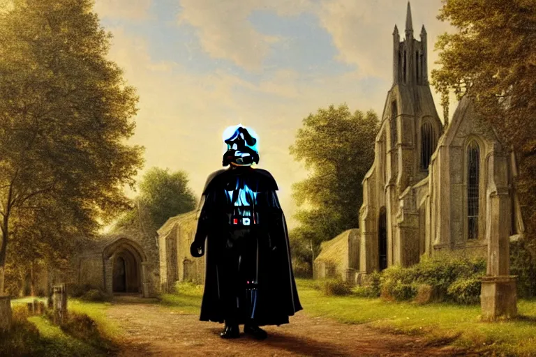 Image similar to a detailed oil painting of darth vader leaving a quaint medieval flint church, english, churchyard, trees, golden hour, lead - covered spire