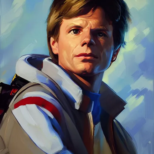 Image similar to greg manchess portrait painting of marty mcfly from back to the future as overwatch character, medium shot, asymmetrical, profile picture, organic painting, sunny day, matte painting, bold shapes, hard edges, street art, trending on artstation, by huang guangjian, gil elvgren, ruan jia, randy vargas, greg rutkowski