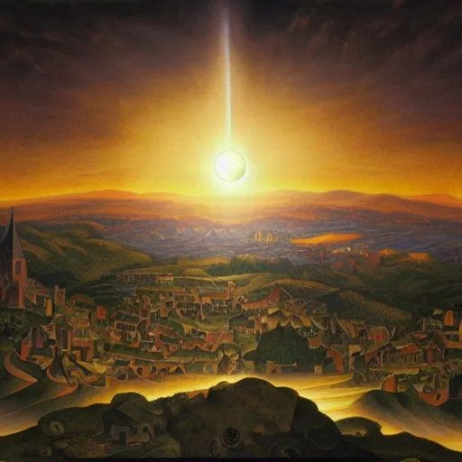 Image similar to dark solar eclipse, above a village, highly detailed, studio 4 k quality, by evelyn de morgan