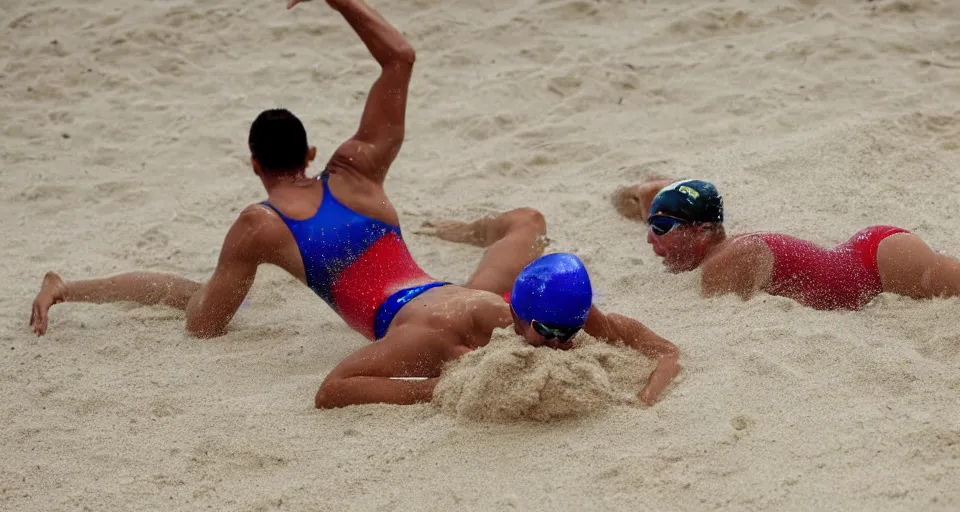 Image similar to olympic swimming in sand instead of water, extremely coherent