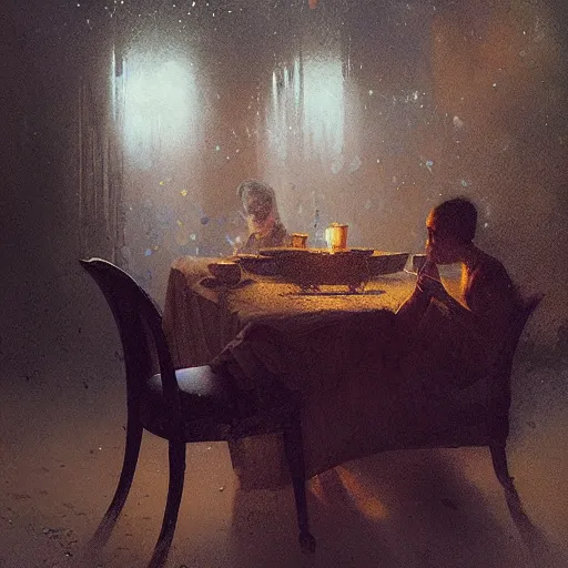 Image similar to The dinner with all of my lost ones, By Delphin Anjolras, by Ismail Inceoglu, by Emiliano Ponzi, ghosts