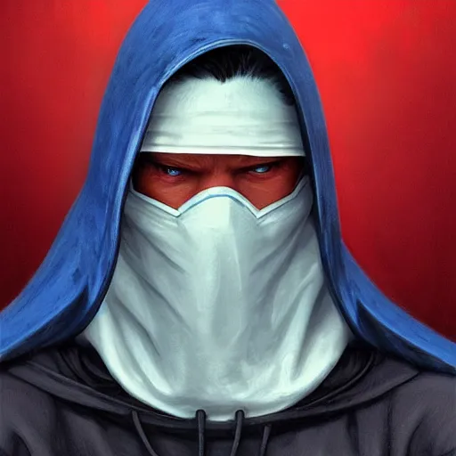 Image similar to ultra realistic illustration, man with black hair with a black medical mask, in a hood in the form of a blue shark with white teeth, red and blue eyes, mysterious, poker man, highly detailed, digital painting, artstation, concept art, smooth, sharp focus, illustration, art by artgerm and greg rutkowski and alphonse mucha