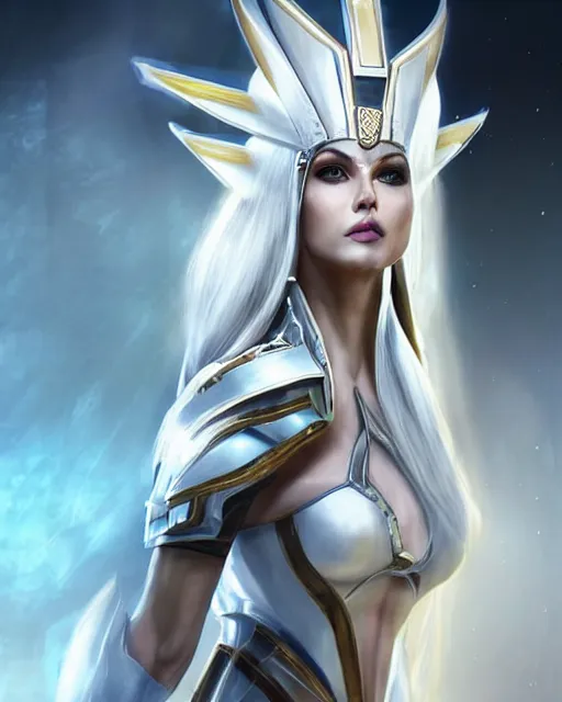 Image similar to perfect white haired attractive egyptian goddess, warframe armor, pharaoh headdress, beautiful, symmetric, dreamy, half asian, pretty face, green eyes, charlize theron, detailed, scifi platform, laboratory, experiment, 4 k, ultra realistic, epic lighting, android body, illuminated, cinematic, masterpiece, art by akihito tsukushi, voidstar