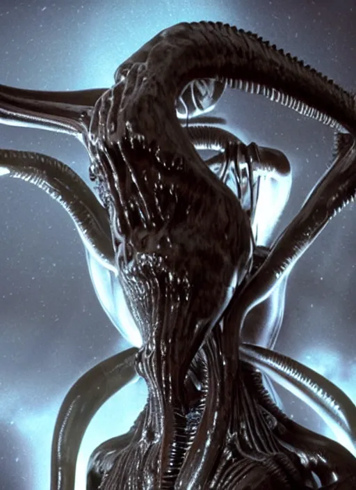 Image similar to film still of kim kardashian being licked by an xenomorph slathered in a transparent alien liquid, wet flowing hair, gooey skin, illustration, unreal engine 5, 8 k, directed by h. r. giger.