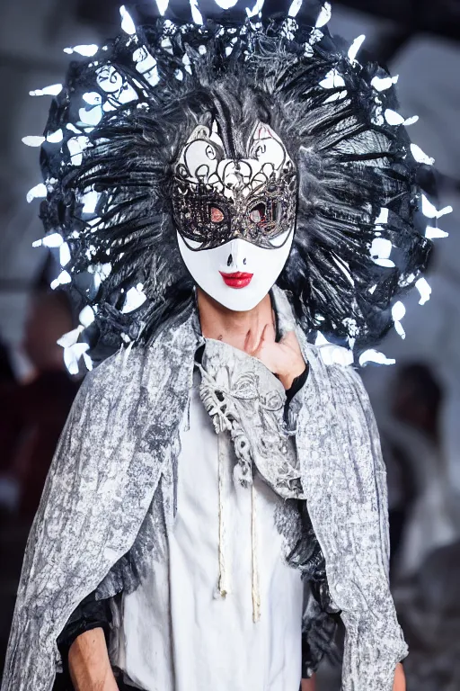 Prompt: a 2 1 st century fashion show featuring men's wear based in 1 7 5 0's england, fashion photography, elaborate lights. mask on face, accurate details, ultra hd, beautiful background