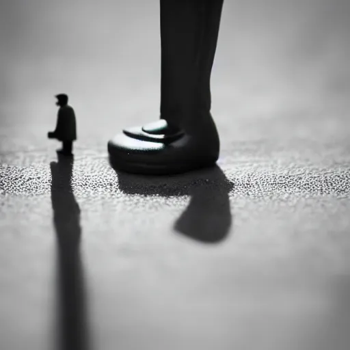 Image similar to macro photography of a tiny plastic depressed man in a suit, sitting on a bench with his cat, 3 5 mm macro shot,