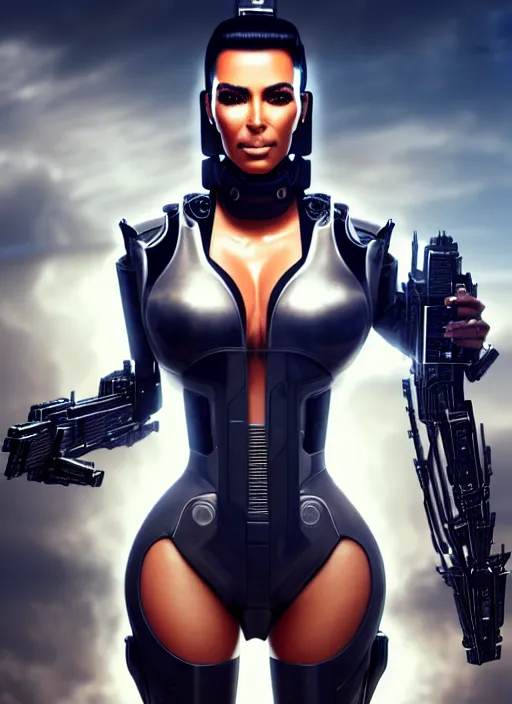 Image similar to kim kardashian as a weaponized cyborg, cyberpunk, intricate wirings, highly detailed, sci - fi, octane render, 8 k, sharp focus, smooth, beautiful and graceful, art by artgerm, greg rutkowski, tian zi, soey milk,