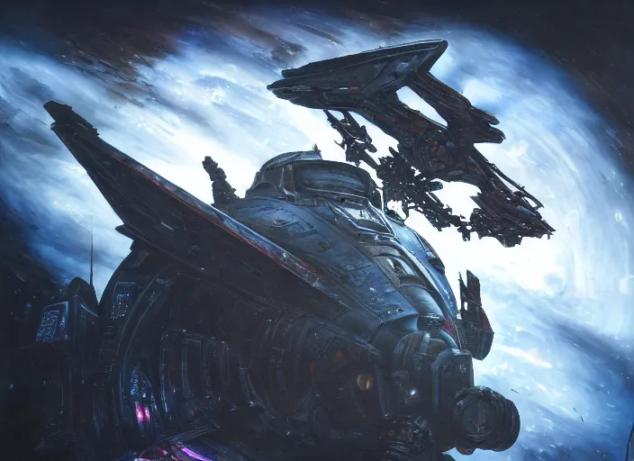 Prompt: spaceship flying in dark space, dark space, warhammer 40k artwork, by Maciej Rebisz, sci-fi, action shot, cyberpunk, industrial, old, unreal engine 5, photorealistic, detailed, old, desolate, , sleek, futuristic, alien, white, blue, purple, trending on artstation, detailed, intricate, steampunk