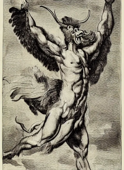 Prompt: a mighty strong creature with the body and eyes of a man, with the beak of an eagle, the mane of a lion, and the horns of an ox. drawn by francis bacon