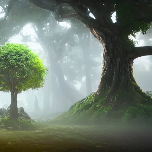 Image similar to The tree of the knowledge of good and evil, photorealistic, fantasy, unreal engine, colorful, cinematic