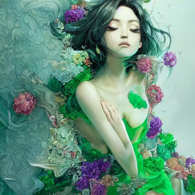 Prompt: an absurdly beautiful, elegant, young hypercolorful sensual gravure idol partially made up of emeralds and green petals, ultrafine hyperrealistic detailed face illustration by kim jung gi, irakli nadar, intricate linework, sharp focus, bright colors, matte, octopath traveler, final fantasy, unreal engine highly rendered, global illumination, radiant light, intricate environment