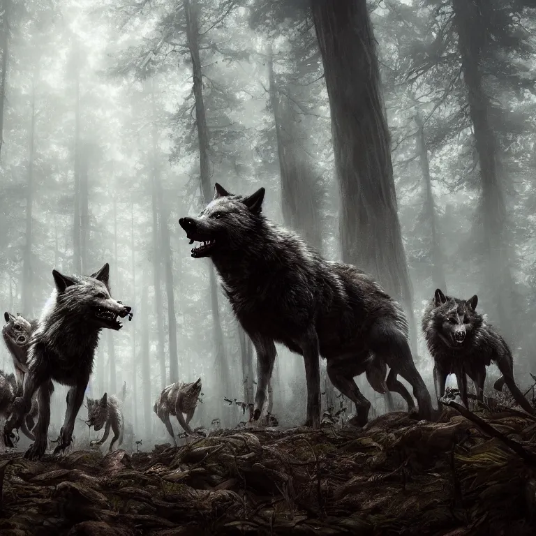 Prompt: an epic action photorealistic masterpiece of a rabid wolfpack in a forest made of nightmares horrific digital art extremely moody lighting, style of greg rutkowski and hyung - tae kim tre, artstation, cgsociety, 8 k, cinematic, unreal engine, octane render, illustration digital painting, art by wlop