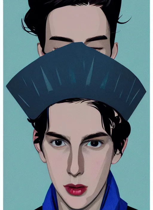 Image similar to portrait of teenage jughead jones wearing a light grey crown, crown, blue turtleneck, 1 9 5 0 s, closed eyes, photorealistic, black hair, glowing lighting, intricate, elegant, glowing lights, highly detailed, digital painting, artstation, concept art, smooth, sharp focus, illustration, art by wlop, mars ravelo and greg rutkowski