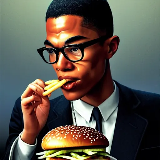 Prompt: portrait of Malcolm X eating big mac hamburgers, extra onions and ketchup, hyperdetails, displacement mapped octane render, luscious patty with sesame seeds, ethereal, handsome, D&D, fantasy, intricate, elegant, highly detailed, digital painting, artstation, concept art, matte, sharp focus, illustration, art by Artgerm and Greg Rutkowski and Alphonse Mucha