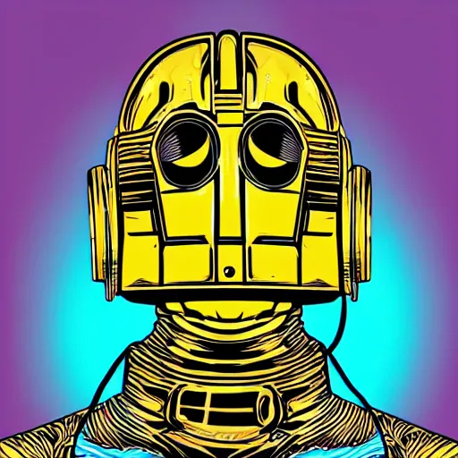 Image similar to artgerm, psychedelic laughing c 3 p 0, rocking out, headphones dj rave, digital artwork, r. crumb, svg vector