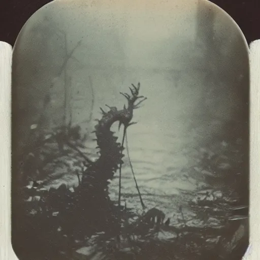 Image similar to creepy lovecraftian monster in swamp, 1 9 1 0 polaroid photo