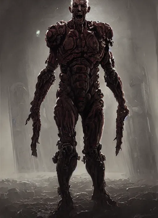 Image similar to robert englund as victor stone, full body concept, cyborg, borg, strogg, face of a man, terminator, flesh, quake strogg, doom demon, wolfenstein, monstrous, powerful, symmetry, symmetrical, concept art by ruan jia and greg rutkowski