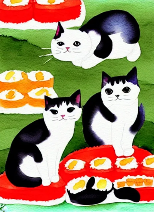 Image similar to cute cats and sushi watercolour