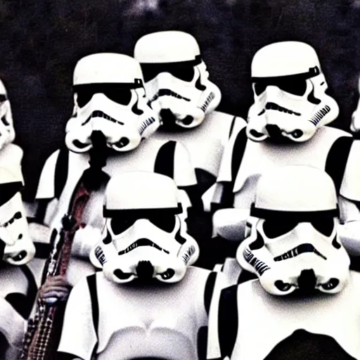 Image similar to A rock band made up of Imperial Stormtroopers playing music on stage at Woodstock (1969)