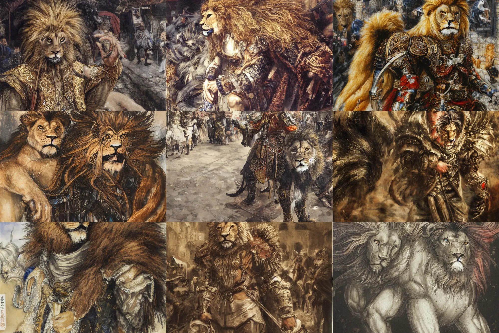 Prompt: 8k Yoshitaka Amano painting of upper body of a young cool looking lion beastman with white mane at a medieval market at windy day. Depth of field. He is wearing complex fantasy clothing. He has huge paws. Renaissance style lighting.