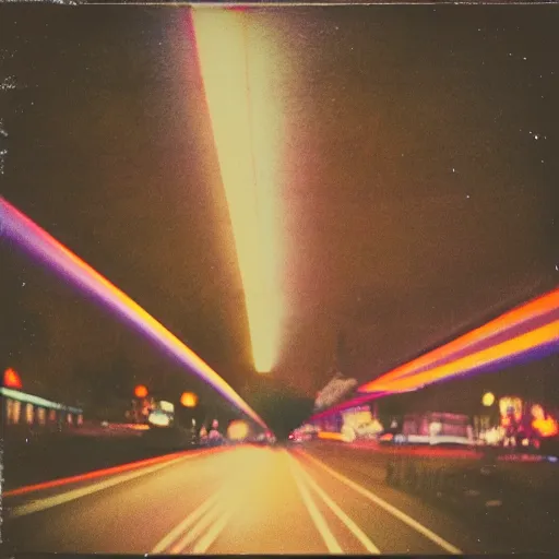 Image similar to colorful instant photograph of the middle of the street at night, polaroid, light leak, raw, nostalgic