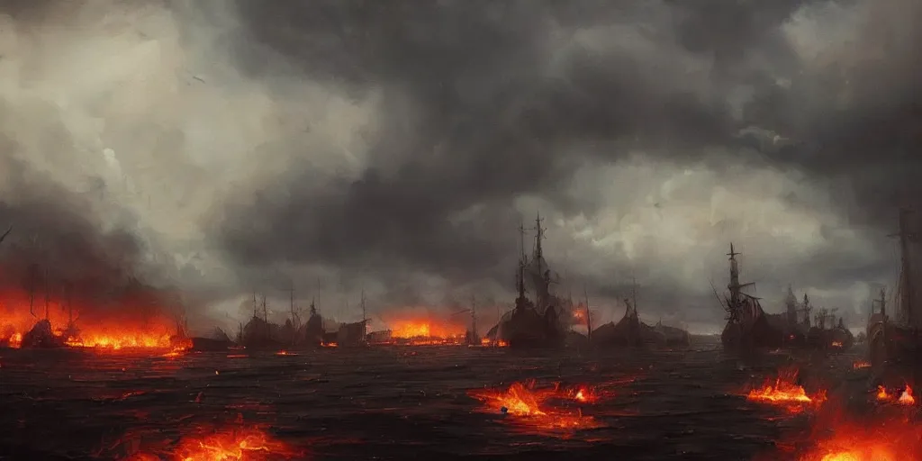 Image similar to Hyper realistic oil painting of a medieval fleet burning, dark smoke rising to the skies, stormy weather, dark clouds, fog, moody cinematic lighting, atmospheric, dark, by Greg Rutkowski, trending on artstation