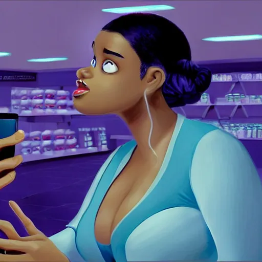 Prompt: stunning, coherent, beautiful painting, still of a beautiful black bbw woman in wal-mart taking a selfie of a creepy man is following her, 3d, in the style of pixar, comic book style, 3d, highly detailed, highly detailed, sharp focus, bokeh, depth of field, 16k resolution, Unreal Engine 5, coherent, cinematic lighting, photorealistic, by Zhang Jingna