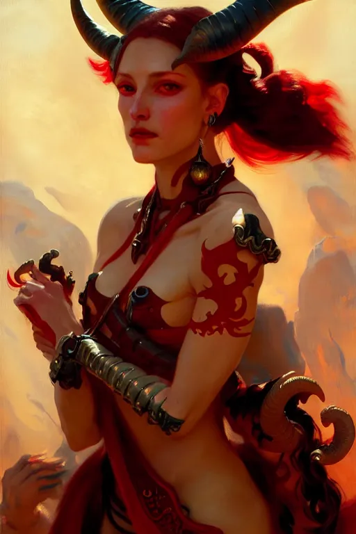 Image similar to painted close - up portrait of a attractive red - skinned intimidating demon cyborg girl with ram horns! oil painting, wearing a noblewoman's outfit, fantasy art by john singer sargent and gaston bussiere and james jean and greg rutkowski, demon noble character design, hd