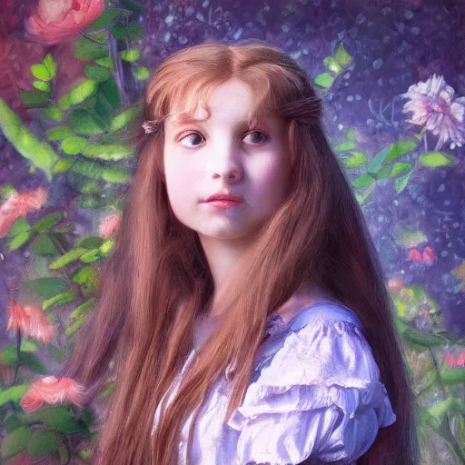 Prompt: A portrait of young Alice from Wonderland, oil painting, majestic, detailed, high resolution