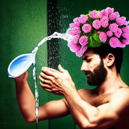 Image similar to man pouring water on head, flowers are in a pot on his head, the pot is part of his head, high detail, 8K digital art