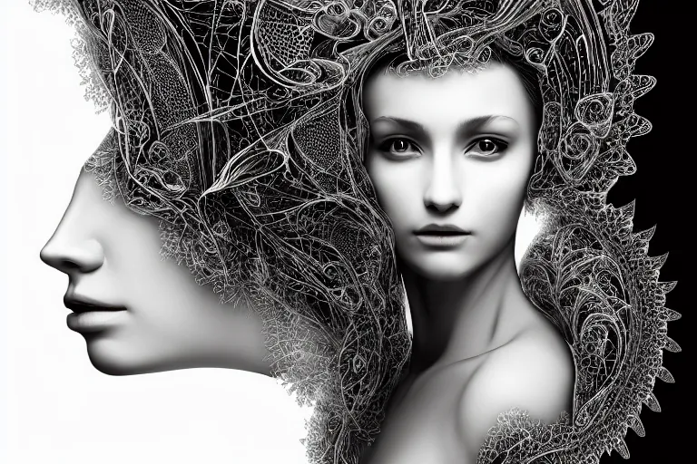 Image similar to portrait of a young beautiful woman with a mask. contemporary photograph and speed painting and fractal and mandelbulb and lines and scribble art. black and white. intricate, elegant, super highly detailed, professional digital painting, artstation, concept art, smooth, sharp focus, no blur, no dof, extreme illustration, Unreal Engine 5, Photorealism, HD quality, 8k resolution, cinema 4d, 3D, beautiful, cinematic, art by artgerm and greg rutkowski and alphonse mucha and loish and WLOP