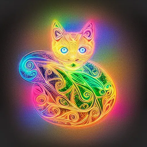 Image similar to concept character colorful fractal cute cat glowing luminescent detailed filigree on black background 4 k