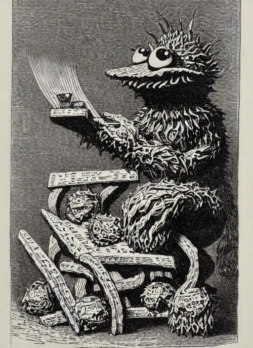 Image similar to cookie monster sits upon a throne of cookies, demon from the dictionarre infernal, etching by louis le breton, 1 8 6 9, 1 2 0 0 dpi scan, ultrasharp detail, clean scan