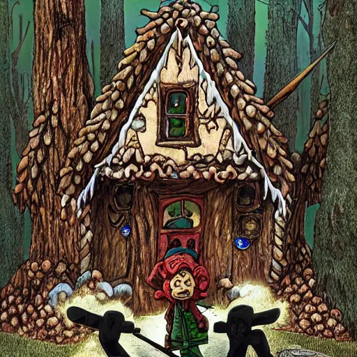 Prompt: a swat team stacked up outside the wicked witch's gingerbread candy cottage front door, ready to bust it down, in the middle of some creepy woods, the wicked witch looks on from the attic window,