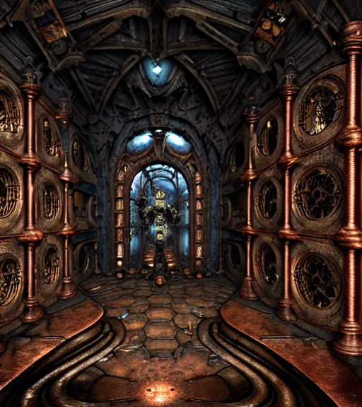 Image similar to steam necropolis, memento mori, gothic, neo - gothic, art nouveau, hyperdetailed copper patina medieval icon, stefan morrell, philippe druillet, ralph mcquarrie, concept art, steampunk, unreal engine, detailed intricate environment, octane render, moody atmospherics, volumetric lighting, ultrasharp, ominous, otherworldly