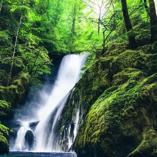 Prompt: cinematic view of a giant waterfall in the middle of the forest, middle of the day, massive trees, detailed